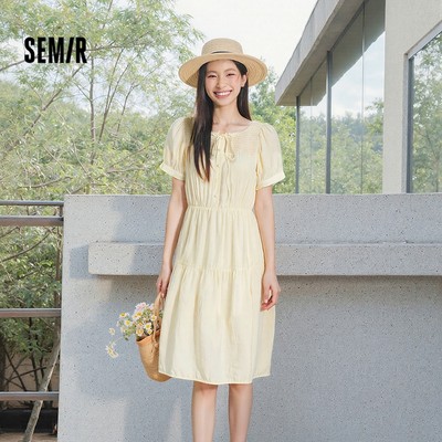 Semir Họa Tiết Đầm Nữ Mùa Hè Tay Phồng Ren Cổ Tròn Midi Tầng Viền Phong Cách Thanh Lịch