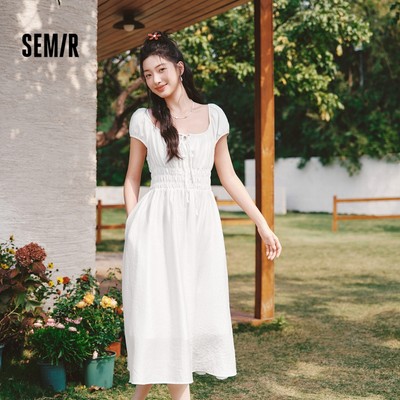 Đầm Nơ Họa Tiết Semir Nữ Mùa Hè 2026 Tối Giản Lãng Mạn Định Hình Eo Đầm Dài Thanh Lịch