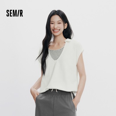 Semir Faux Hai Mảnh Áo Sơ Mi Polo Nữ Mùa Hè Crop Cổ Chữ V Nối Sọc Thư Giãn Dolman Tay Áo Top