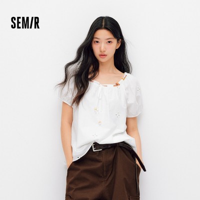Semir Cổ Vuông Tay Phồng Áo Sơ Mi Tay Ngắn Nữ Mùa Hè 2026 Crop Đính Hạt Trắng Ngọt Ngào Top
