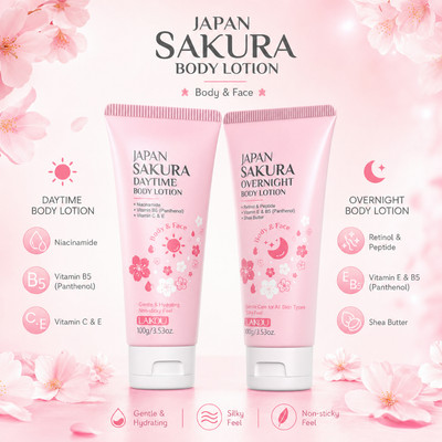 LAIKOU Japan Sakura Day & Night Body Lotion – Mặt & Cơ thể, Không dính, Làm sáng + Làm săn chắc + rạng rỡ
