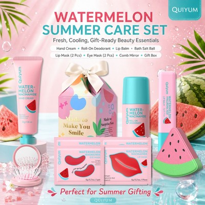 BỘ QUÀ TẶNG HOÀN THÀNH QUIYUM WATERMELON 8 món cần thiết để chăm sóc dưa hấu đầu đến mũi – Hoàn hảo để làm quà tặng! Làm sáng da, Hydrate & Glow