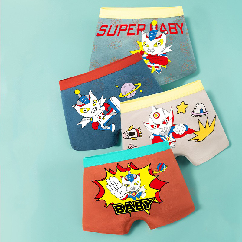 4Pcs Boys  A Grade Cotton Boxer Briefs Super Baby Planet Print Kids Underwear Soft Breathable Anti-C