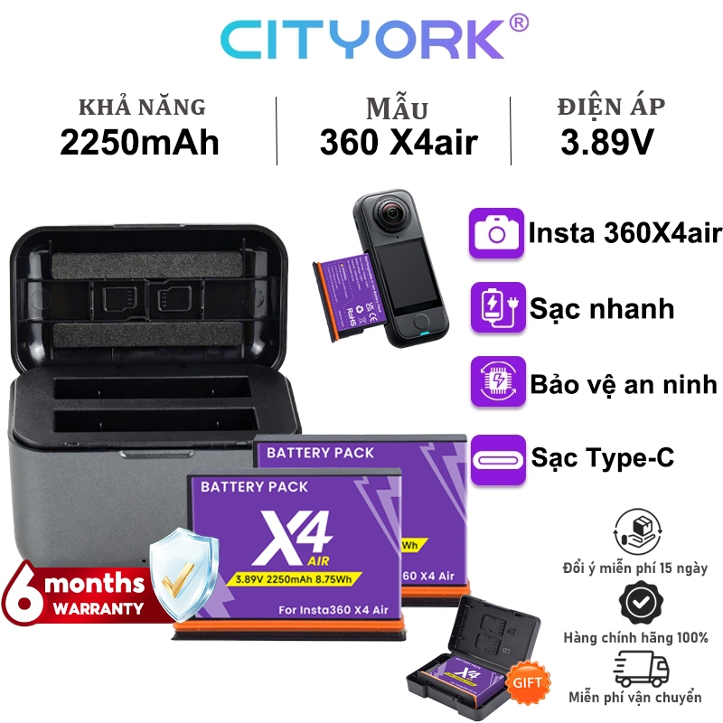 CITYORK Insta360 X4 Air Pin 2850mAh cho Camera hành động Insta360 X4 + Hộp sạc thông minh 2 khe Phụ 