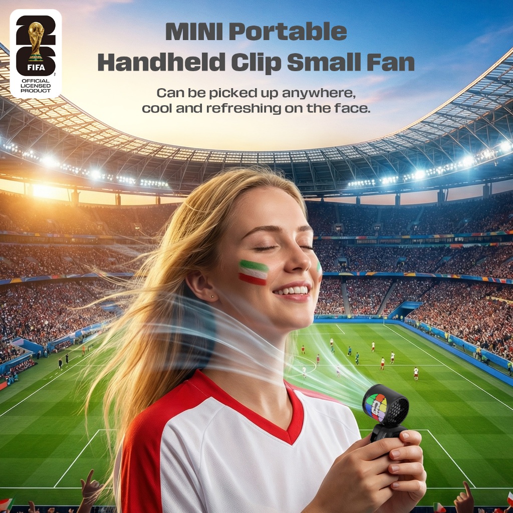 FIFA F26F02 – Quạt Mini Cầm tay: Kẹp & Để bàn, Gập gọn & Nhỏ gọn, Sạc USB siêu êm, Làm mát ngoài trời, Nhẹ & Dễ mang theo – Sản phẩm lưu niệm World Cup
