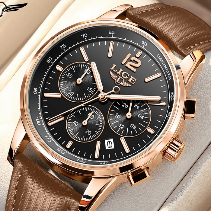 Đồng hồ nam LIGE Dây da chống nước nguyên bản Đồng hồ thạch anh Chronograph