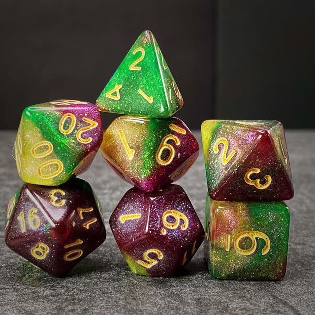 Bộ xúc xắc đa diện DND Dice 7 mảnh dành cho DND TTRPG Dungeons and Dragons Pathfinder Mica Long lanh