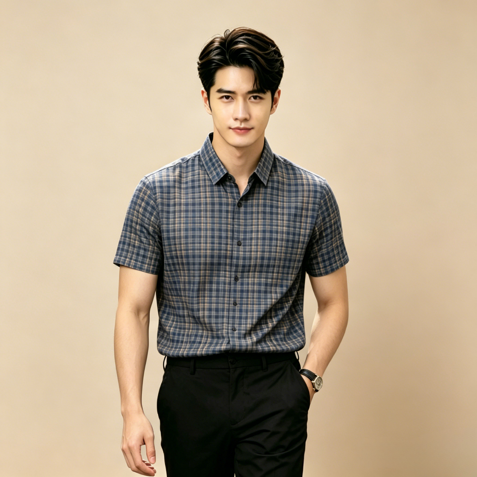 Thư Giãn Áo Sơ Mi Ice Silk Họa Tiết Tay Ngắn Hộp Lạnh Thoáng Khí Nhanh Khô Chống Nhăn Cổ NútThông Th