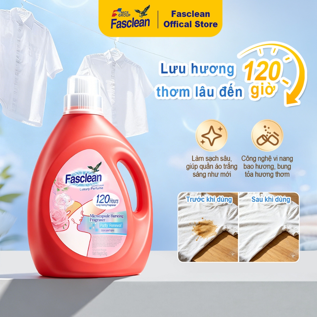 Nước Giặt FASCLEAN Thơm Lâu 2kg  Diệt Sạch 99,99% Vi Khuẩn, Lưu Hương Bền Bỉ Suốt Ngày Dài