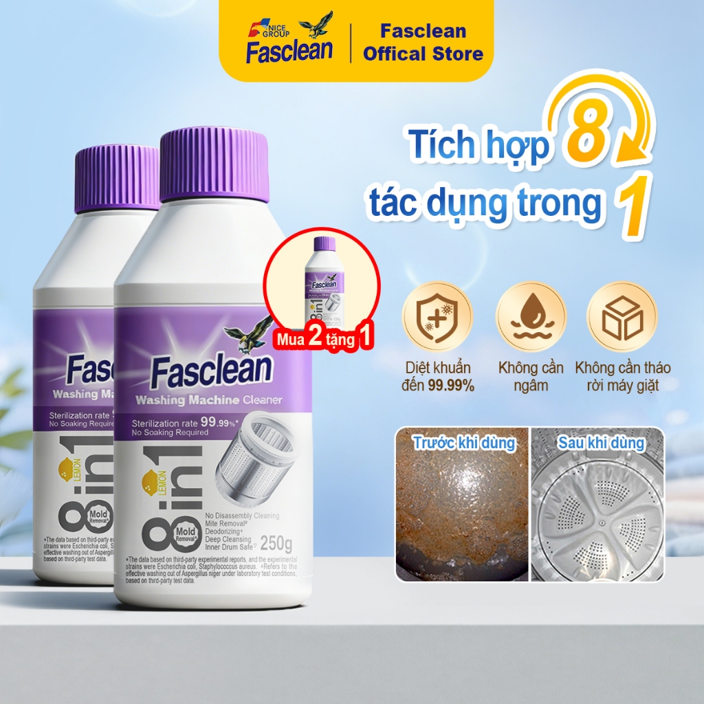 Fasclean Chất tẩy rửa & khử trùng máy giặt Fascin - Không cần ngâm 250g Loại…