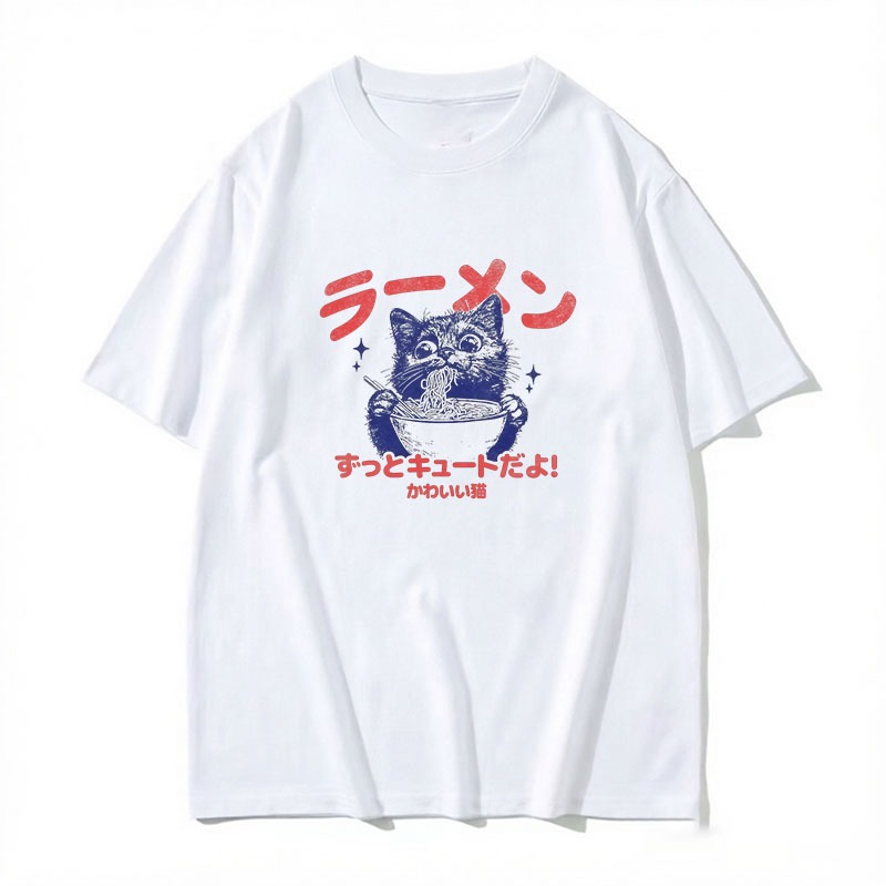 Nhật Bản Thẩm Mỹ Kawaii Mèo Ramen Anime Dễ Thương Neko Áo nam Nữ 100% Cotton Áo Sơ Mi Tay Ngắn Áo