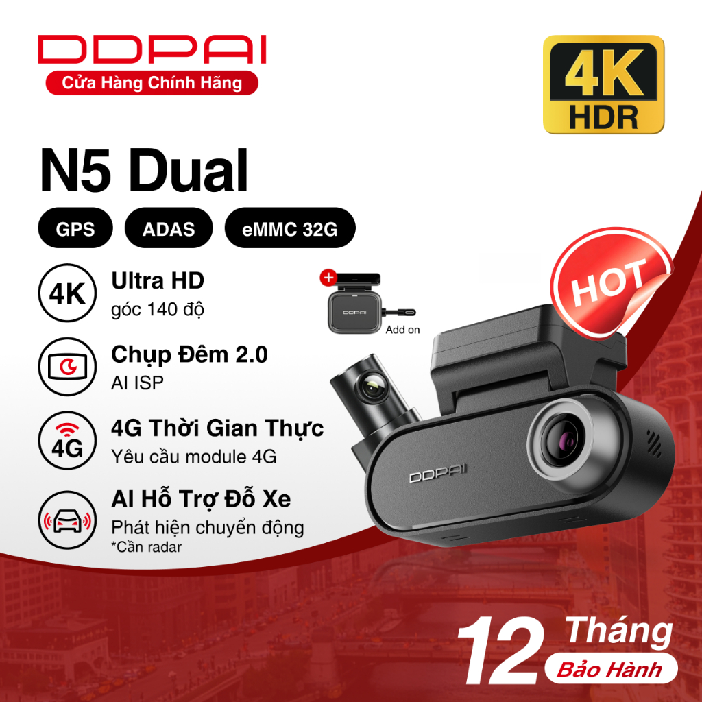 DDPAI N5 Dual 2026 Camera Hành Trình Ô Tô 4K HDR | GPS, Siêu Tụ Điện, 4G Live, Radar, Wifi, Giám Sát