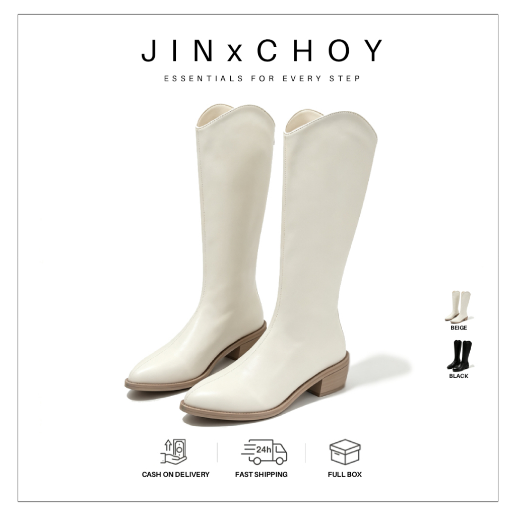 JINxCHOY SHOES Giày Bốt Da Cao Gót Mũi Nhọn Gót Dày Có Khóa Kéo Bên Hông Thời Trang Mùa Đông 2023