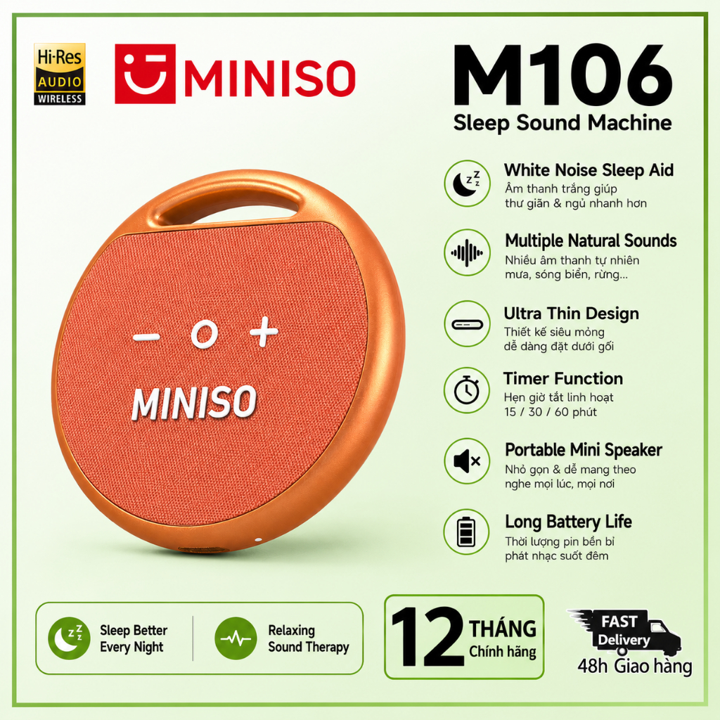 Loa dưới gối MINISO M106 Bluetooth 5.4 Máy âm thanh ngủ Tiếng ồn trắng Trình điều khiển 40mm Loa khô