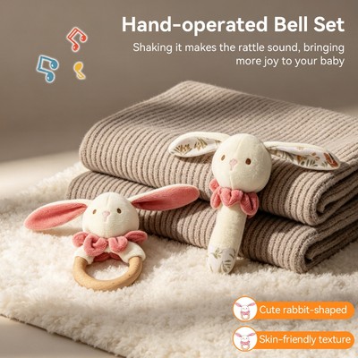 Bộ đồ chơi lục lạc thỏ & răng bằng gỗ 2in 1 cho bé, Bình lắc cảm giác sang trọng mềm để phát triển thính giác & thị giác 0-6M