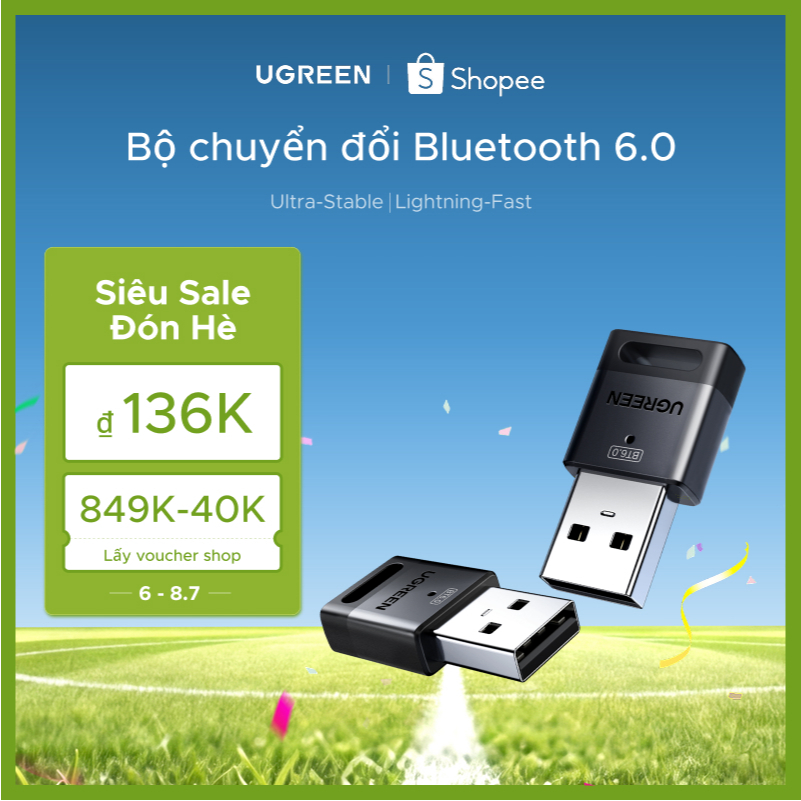 Bộ chuyển đổi Bluetooth USB UGREEN, 6.0 Dongle cho PC, Plug & Play cho Windows 11 / 10 / 8.1, Bộ thu và phát Bluetooth cho chuột