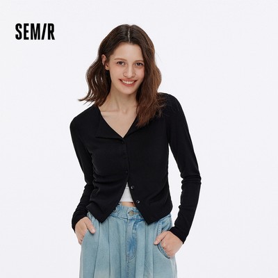 Áo polo dài tay có gân co giãn Semir Nữ 2026 Slim Fit Nút phía trước ngắn thường ngày
