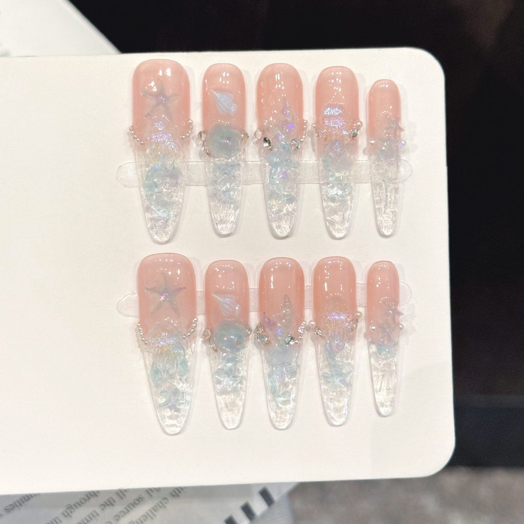 [Pink Mist Deep Sea] Peach Base Aurora Crushed Ice Deep Sea Shell Fairy Hand-Weared Nail Patch