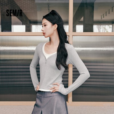 Semir Hai Lớp Màu Khối Cổ Chữ U Dài Tay Áo Thun Nữ 2026 Slim Fit Co Giãn Ngắn Thường Ngày Tee