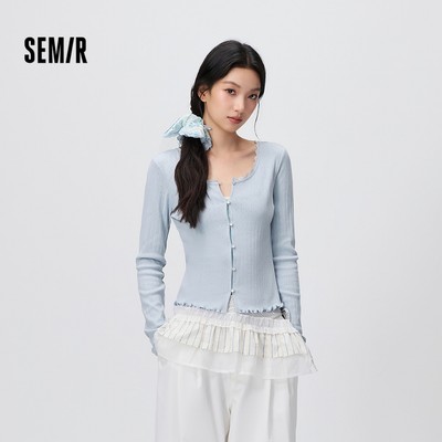 Semir Cotton Jacquard Dài Tay Áo Thun Nữ 2026 Ren Cổ Chữ U Ôm Vừa Vặn Nút Trước Ngắn Thường Ngày Hàng Đầu