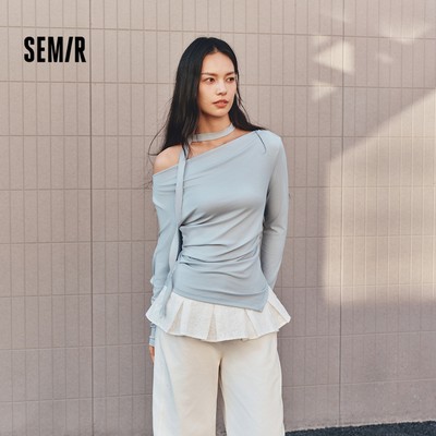 Semir Mềm Co Giãn Drap Cổ Dài Tay Áo Thun Nữ 2026 Slim Fit Bất Đối Xứng Ngắn Thường Ngày Top
