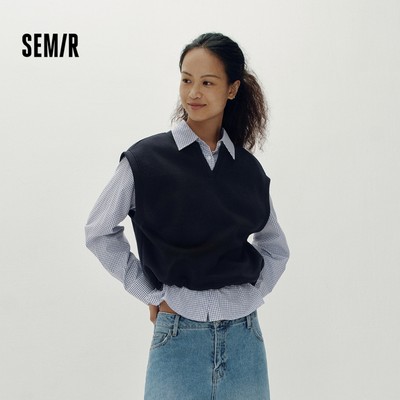 Semir Nữ Kẻ Sọc Áo Sơ Mi Tay Dài Hai Mảnh Cổ Chữ V Dây Rút Áo Bộ Mùa Thu 2026 Rời Vintage Áo