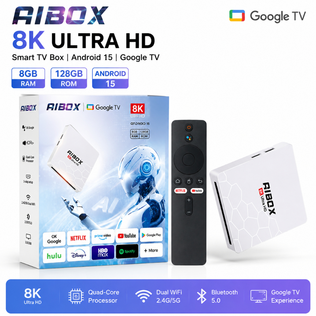 AIBOX 8K Ultra HD Google TV Box Android 15 Smart TV Box 8GB RAM 128GB ROM WiFi kép Bluetooth 5.0 HDR