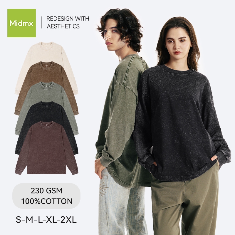 Midmx Áo Thun Nam Dài Tay 280gsm 100% Cotton-cổ tay áo có gân