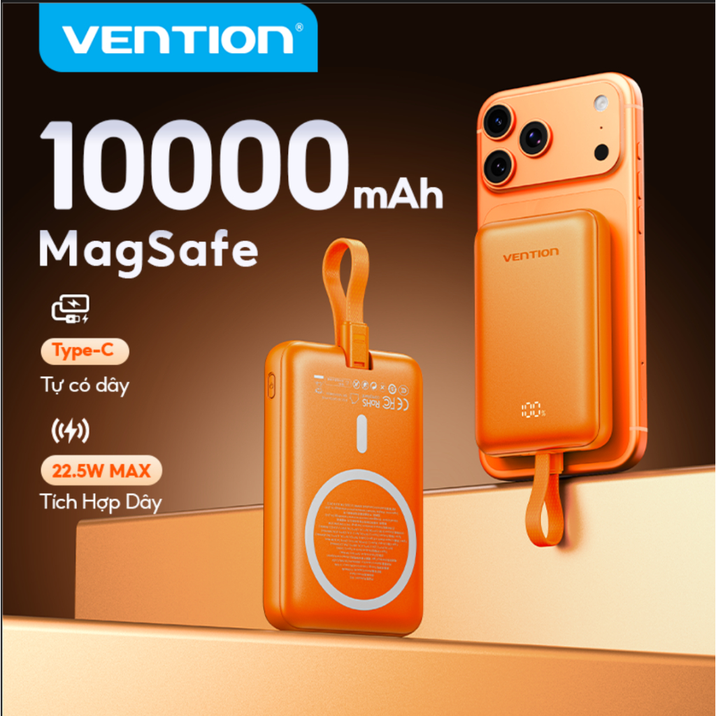【Hàng mới 2026】Vention Sạc Dự Phòng Màu Cam, Hỗ Trợ Sạc Nhanh Không Dây 15W, Sạc Dự Phòng Từ Tính 10000mAh Cao Cấp Mini, Tương Thích iPhone  Samsung Huawei OPPO Vivo, Hàng Chính Hãng.