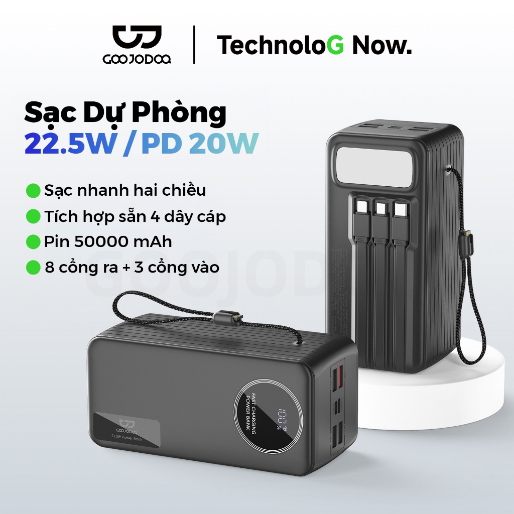 Pin dự phòng GOOJODOQ 50000mAh, 9 cổng, sạc nhanh PD 20W/22.5W, cáp tích hợp, màn hình hiển thị kỹ thuật số, có đèn pin. Thích hợp cho máy tính xách tay, điện thoại di động, cắm trại ngoài trời.