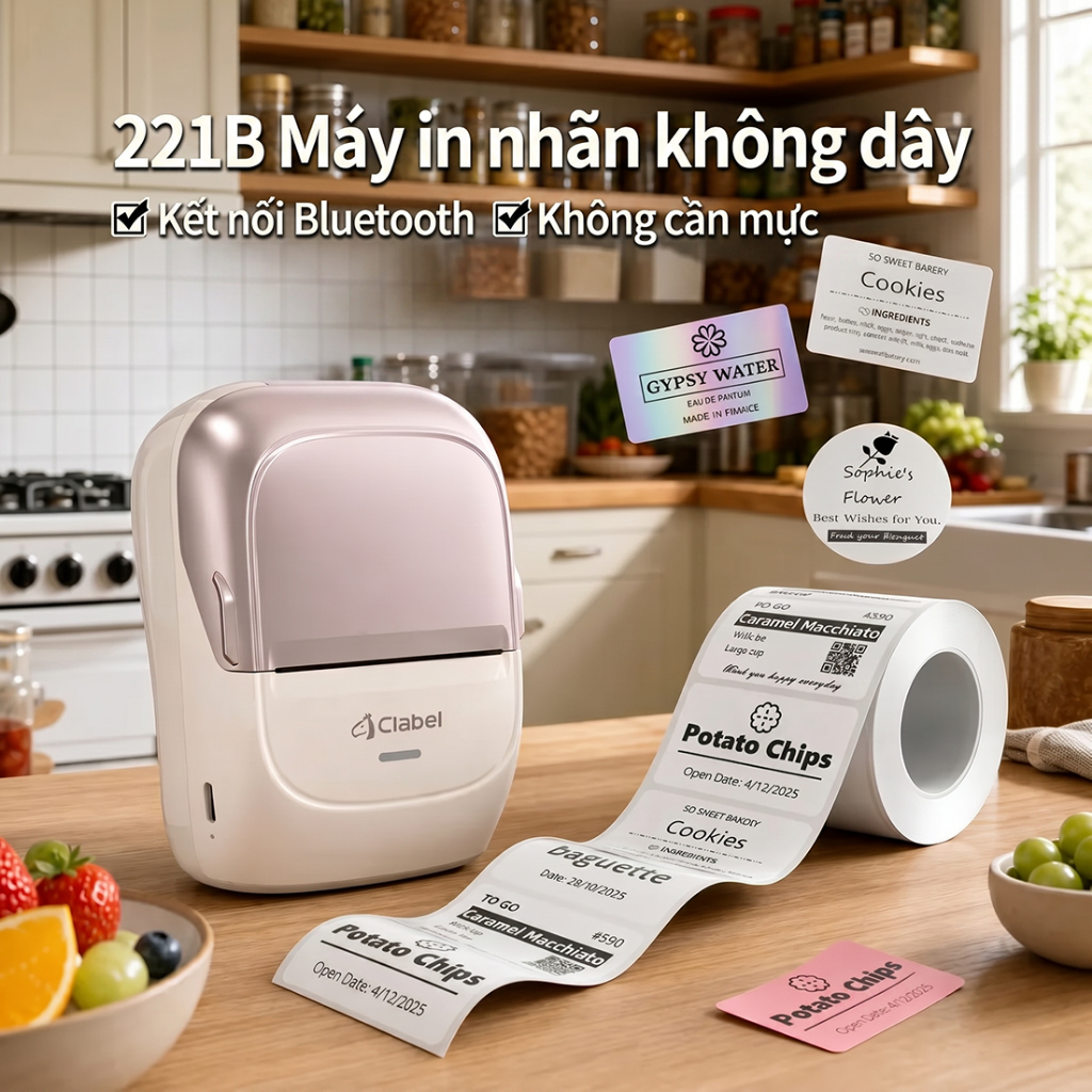 Clabel 221B Máy làm nhãn Bluetooth có băng, Nhãn chống nước rộng, Nhãn dán không mực cho gia đình, n
