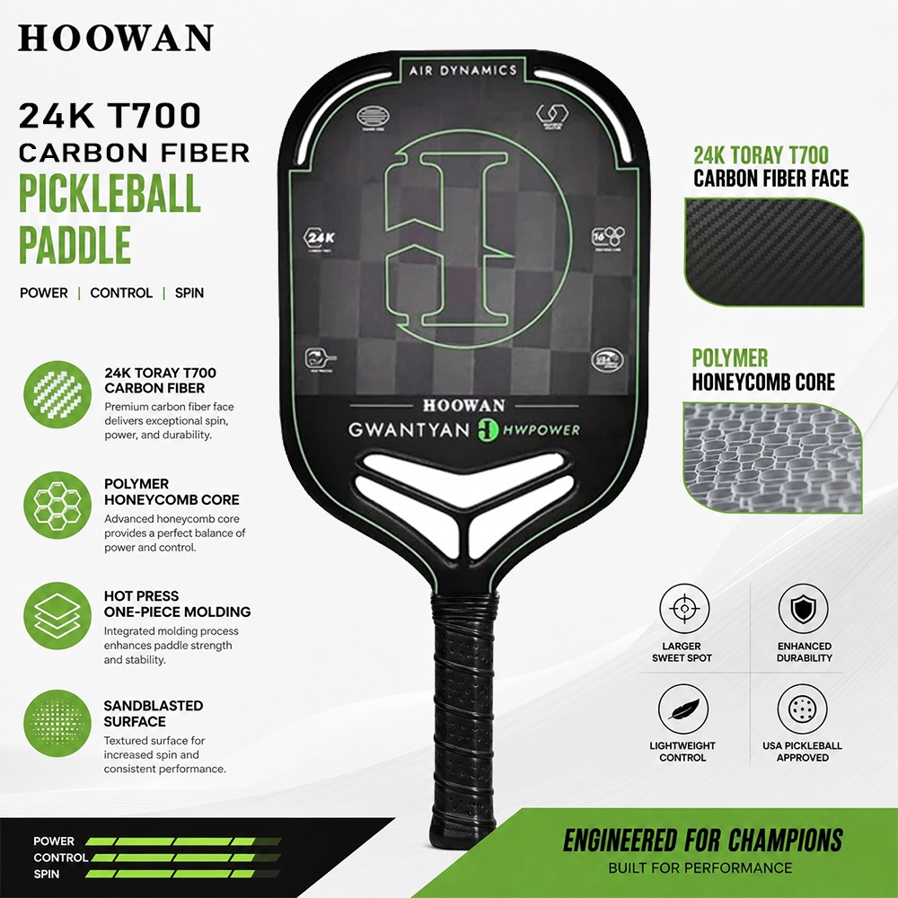Hoowan Pickleball Mái Chèo 16MM HWPOWER GWANTYAN T700 24K Sợi Carbon Pickleball Vợt Grit Bề Mặt Poly