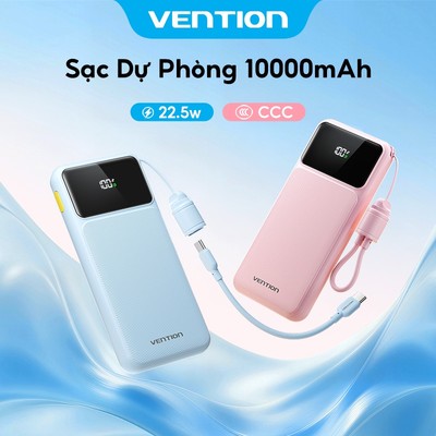 Vention Sạc dự phòng 20000mAh có cáp Type-C tích hợp - Sạc nhanh 22,5W, cổng kép, màn hình LED, bảo hành chính hãng, lý tưởng cho du lịch - Dùng cho iPhone, Samsung, Xiaomi, OPPO