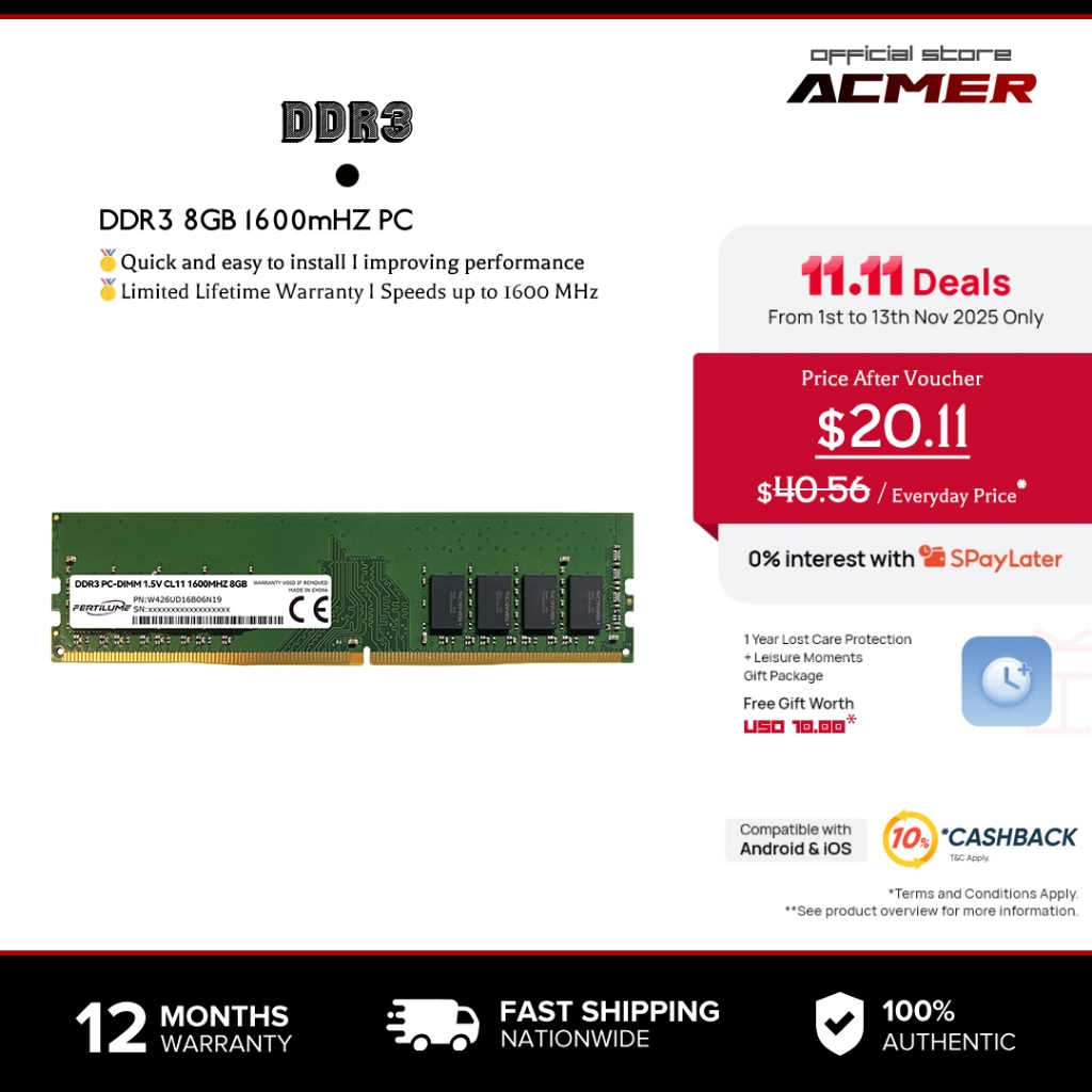 Fertilume 8GB DDR3L / DDR3 1600 MHz (DDR3L-1600) PC3L-12800 / PC3-12800 (PC3-12800U) Không chứa ECC 