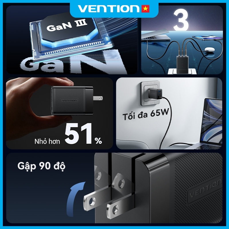 Vention Củ sạc nhanh GaN 65W -  3 cổng (2 USB-C + 1 USB-A) hỗ trợ PD 3.0, QC 4.0, PPS -  Sạc Nhanh Laptop/phone 17/16/15/14/13/12/11/Pad - Hàng Chính Hãng | BigBuy360 - bigbuy360.vn