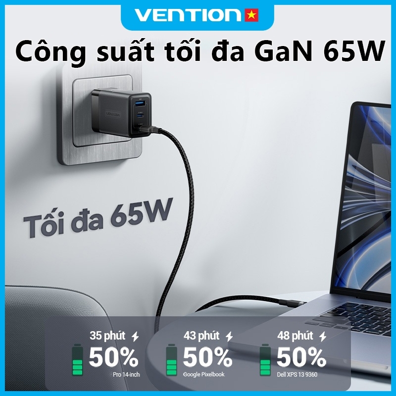 Vention Củ sạc nhanh GaN 65W -  3 cổng (2 USB-C + 1 USB-A) hỗ trợ PD 3.0, QC 4.0, PPS -  Sạc Nhanh Laptop/phone 17/16/15/14/13/12/11/Pad - Hàng Chính Hãng | BigBuy360 - bigbuy360.vn