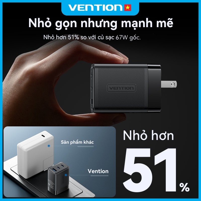 Vention Củ sạc nhanh GaN 65W -  3 cổng (2 USB-C + 1 USB-A) hỗ trợ PD 3.0, QC 4.0, PPS -  Sạc Nhanh Laptop/phone 17/16/15/14/13/12/11/Pad - Hàng Chính Hãng | BigBuy360 - bigbuy360.vn