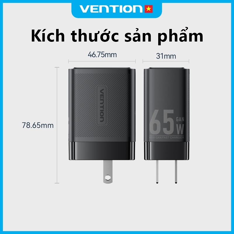 Vention Củ sạc nhanh GaN 65W -  3 cổng (2 USB-C + 1 USB-A) hỗ trợ PD 3.0, QC 4.0, PPS -  Sạc Nhanh Laptop/phone 17/16/15/14/13/12/11/Pad - Hàng Chính Hãng | BigBuy360 - bigbuy360.vn