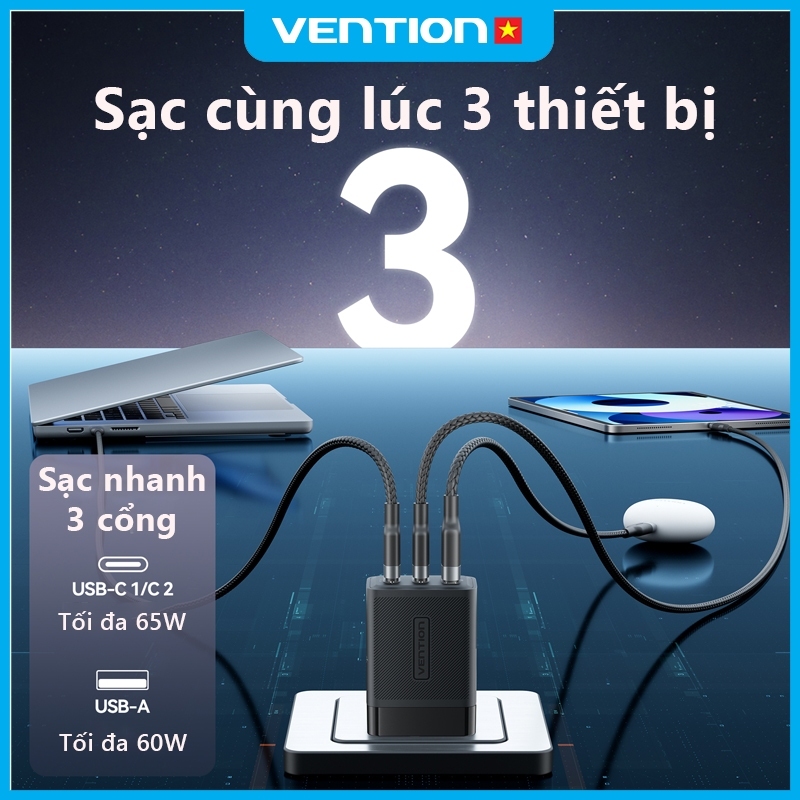 Vention Củ sạc nhanh GaN 65W -  3 cổng (2 USB-C + 1 USB-A) hỗ trợ PD 3.0, QC 4.0, PPS -  Sạc Nhanh Laptop/phone 17/16/15/14/13/12/11/Pad - Hàng Chính Hãng | BigBuy360 - bigbuy360.vn