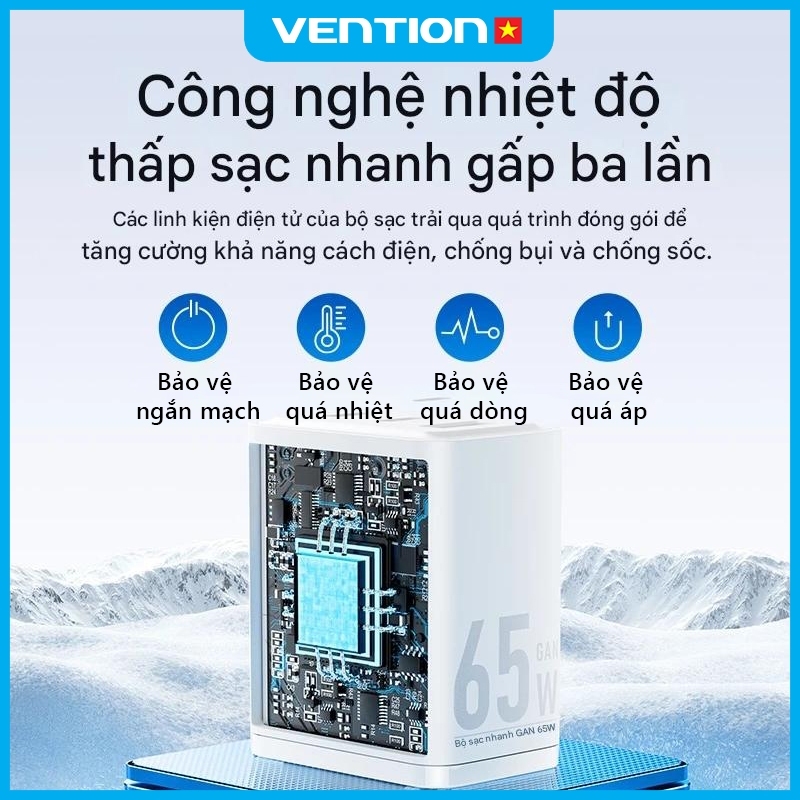 Vention Củ sạc nhanh GaN 65W -  3 cổng (2 USB-C + 1 USB-A) hỗ trợ PD 3.0, QC 4.0, PPS -  Sạc Nhanh Laptop/phone 17/16/15/14/13/12/11/Pad - Hàng Chính Hãng | BigBuy360 - bigbuy360.vn