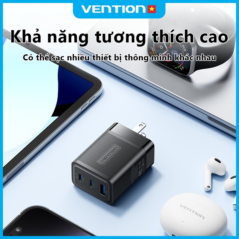Vention Củ sạc nhanh GaN 65W -  3 cổng (2 USB-C + 1 USB-A) hỗ trợ PD 3.0, QC 4.0, PPS -  Sạc Nhanh Laptop/phone 17/16/15/14/13/12/11/Pad - Hàng Chính Hãng | BigBuy360 - bigbuy360.vn