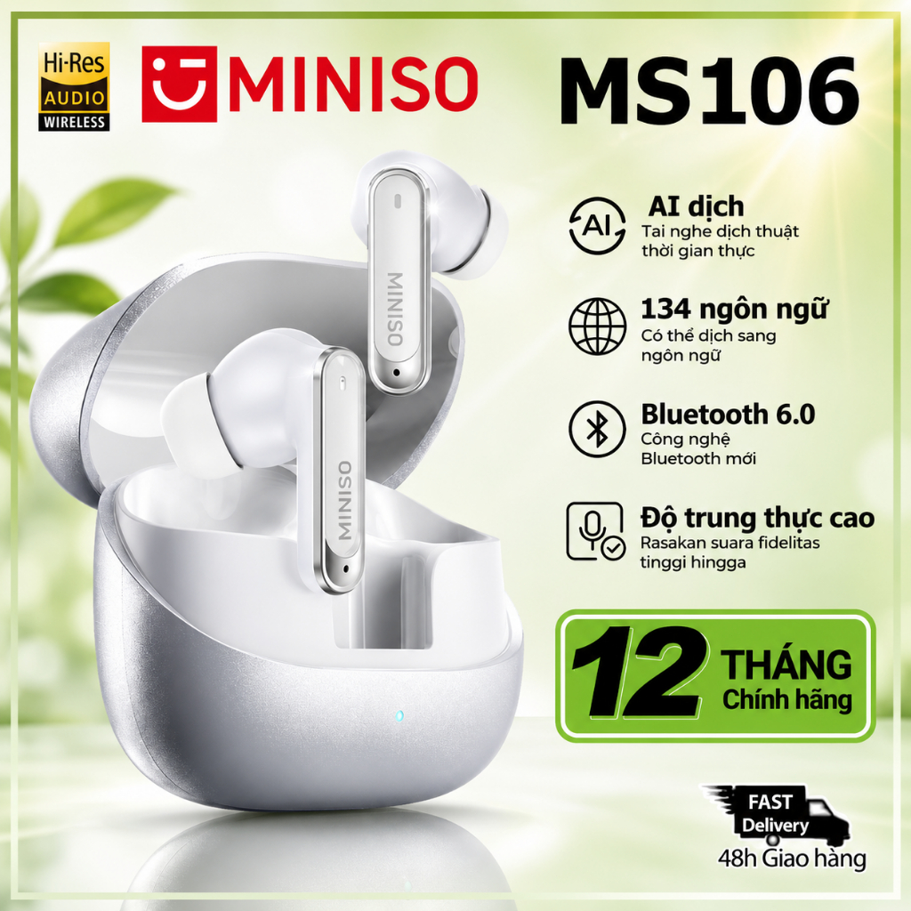 Tai nghe Bluetooth MINISO MS106 – Không dâyTWS, Thời gian chơi 55h, Khử tiếng ồn, Hệ thống IPX5, 6 Mic, Chế độ chơi game (Độ trễ 58ms)