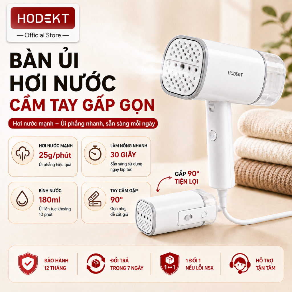 Máy Ủi Hơi Cầm Tay HODEKT 1000W Bình Nước 180ml Công Suất Hơi 25g/phút Phù Hợp…