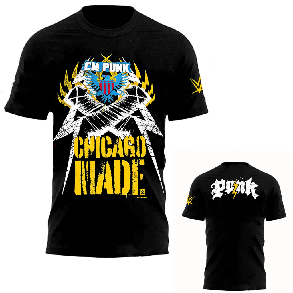 Áo thun nam Wwe đen CM Punk Chicago Made Vàng, Trắng & Xanh Punk
