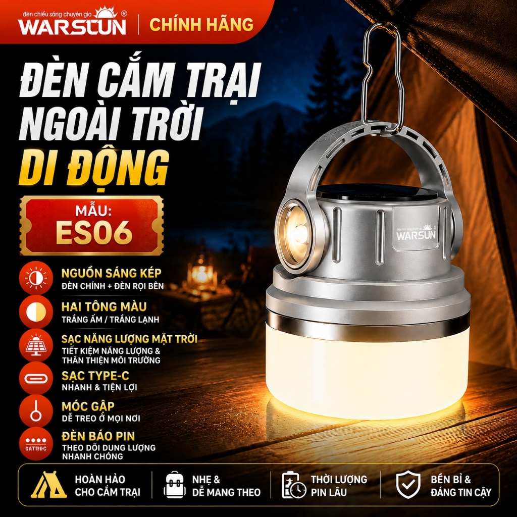 Đèn cắm trại WARSUN ES06 600LM, sạc năng lượng mặt trời & USB Type-C, đèn treo đa năng ngoài trời