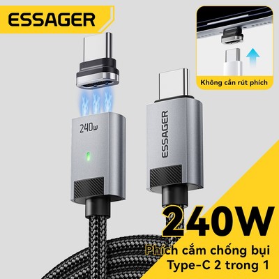Essager C-C 240W Cáp Dữ Liệu Từ Tính 2 Trong 1 Type-C Cắm Bụi Cho ip huawei