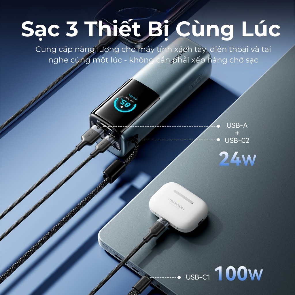 VENTION Sạc dự phòng nhanh 27000mAh 200W, Cáp Type-C tích hợp 240W, Màn hình kỹ thuật số TFT với khuôn mặt cười AI, 2 cổng USB-A / C | BigBuy360 - bigbuy360.vn
