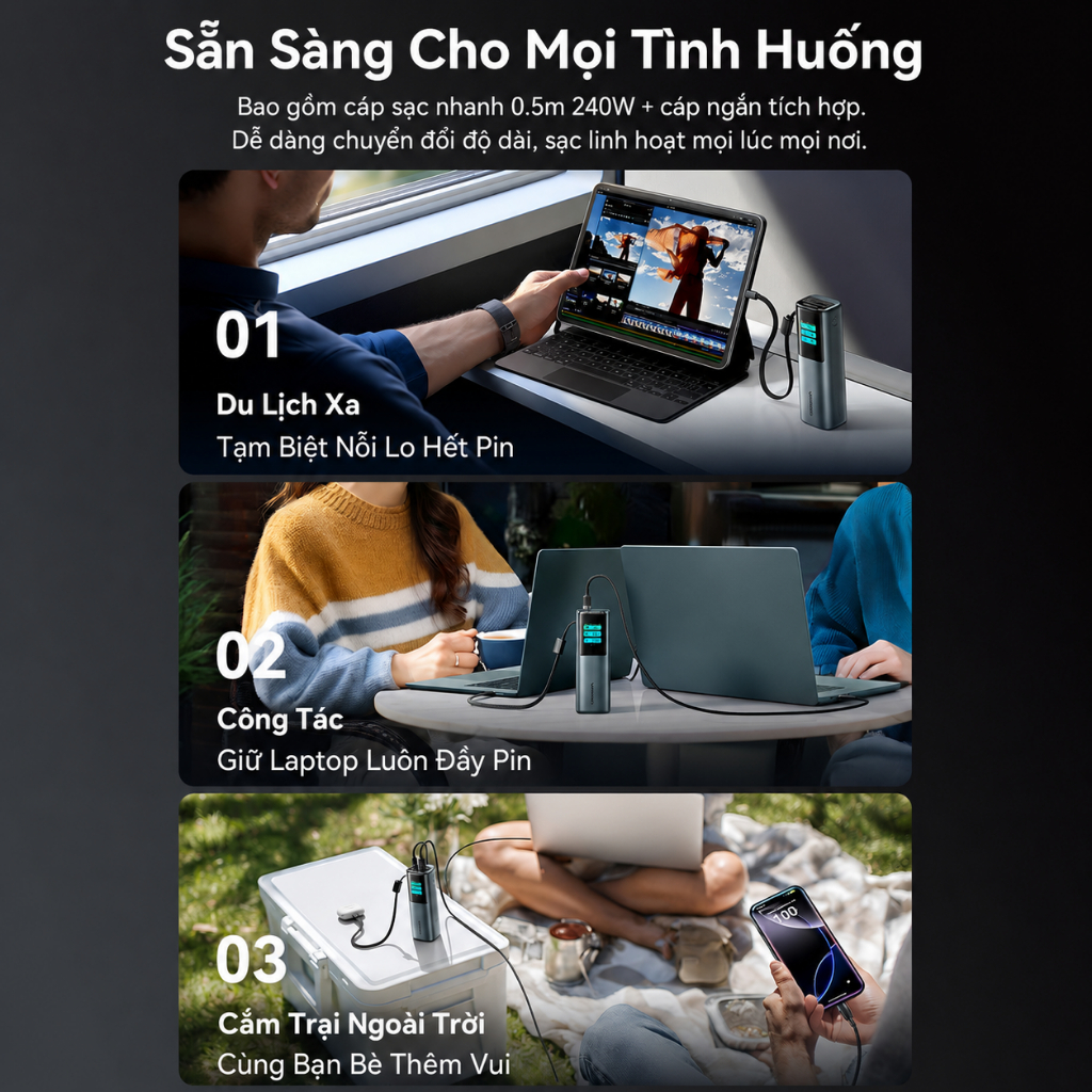VENTION Sạc dự phòng nhanh 27000mAh 200W, Cáp Type-C tích hợp 240W, Màn hình kỹ thuật số TFT với khuôn mặt cười AI, 2 cổng USB-A / C | BigBuy360 - bigbuy360.vn