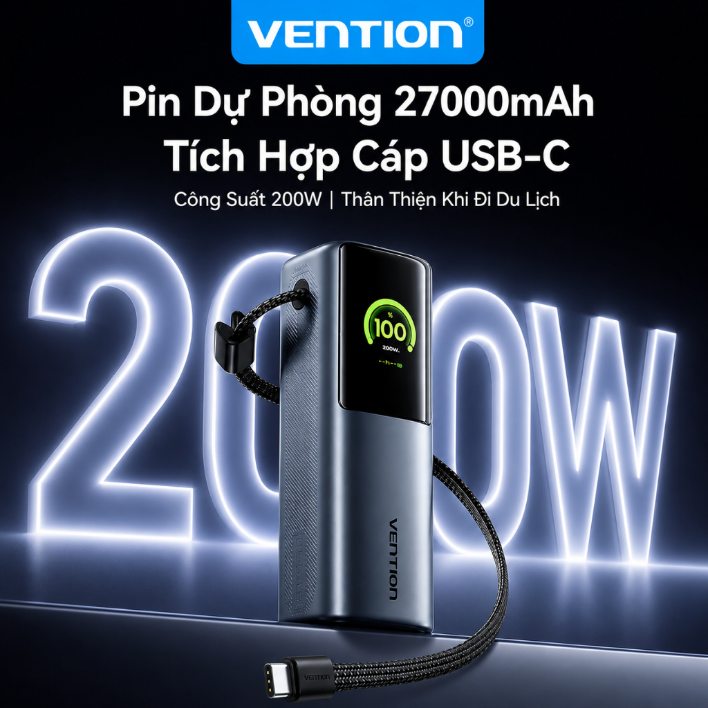 VENTION Sạc dự phòng nhanh 27000mAh 200W, Cáp Type-C tích hợp 240W, Màn hình kỹ thuật số TFT với khuôn mặt cười AI, 2 cổng USB-A / C | BigBuy360 - bigbuy360.vn
