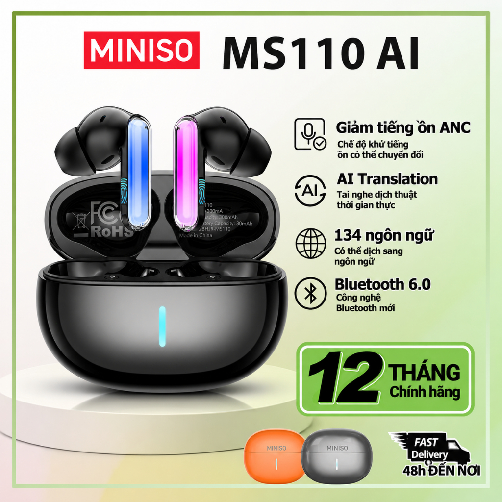 MINISO MS110 AI Tai nghe dịch thuật Video Chức năng phụ đề Bấm dài 2 giây ANC Chế độ khử tiếng ồn Tai nghe nhét tai có thể điều khiển Thiết kế dải đèn phát sáng Bluetooth 6.0 | BigBuy360 - bigbuy360.vn